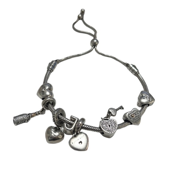 Pandora Adjustable Silver Charm Bracelet with 8 Charms - Picture 1 of 12
